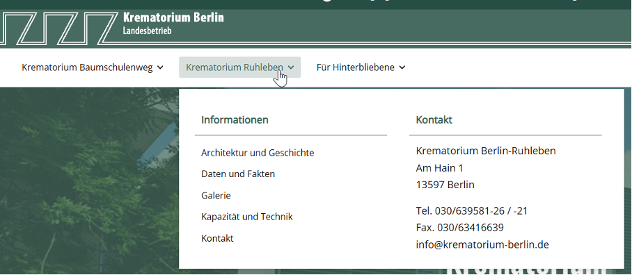 Ein Screenshot von der Subnavigation vom Krematorium Baumchulenweg