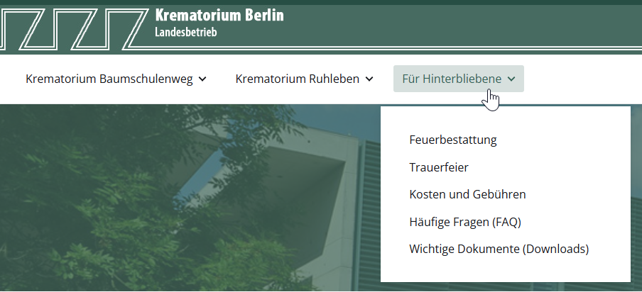 Ein Screenshot von der Subnavigation vom Unterpunkt Für Hinterbliebene