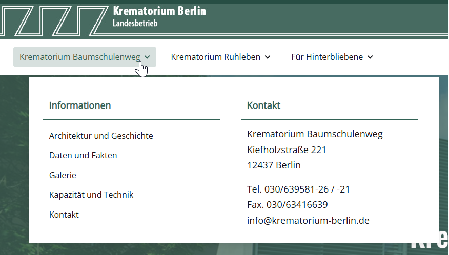 Ein Screenshot von der Subnavigation vom Krematorium Baumchulenweg