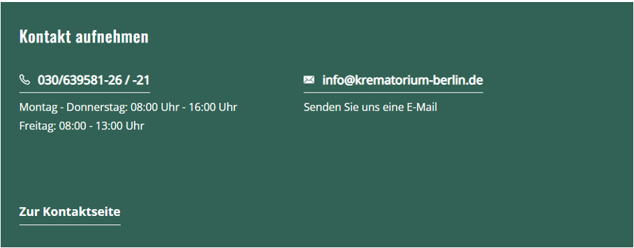 Ein Screenshot von dem Kontaktbereich in der Fuß-Zeile