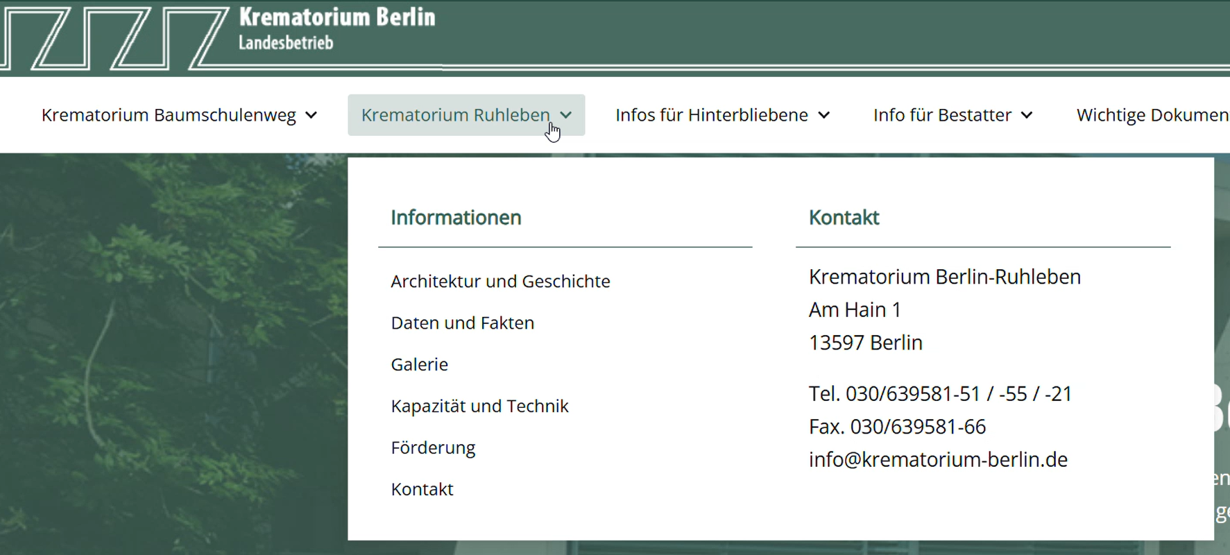 Ein Screenshot von der Subnavigation vom Krematorium Baumchulenweg