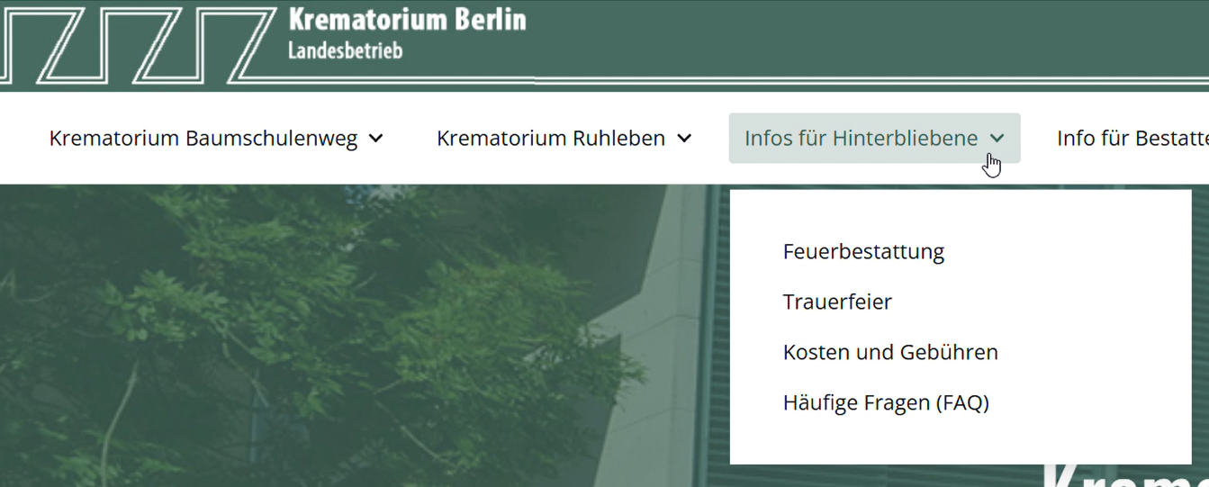 Ein Screenshot von der Subnavigation vom Unterpunkt Für Hinterbliebene