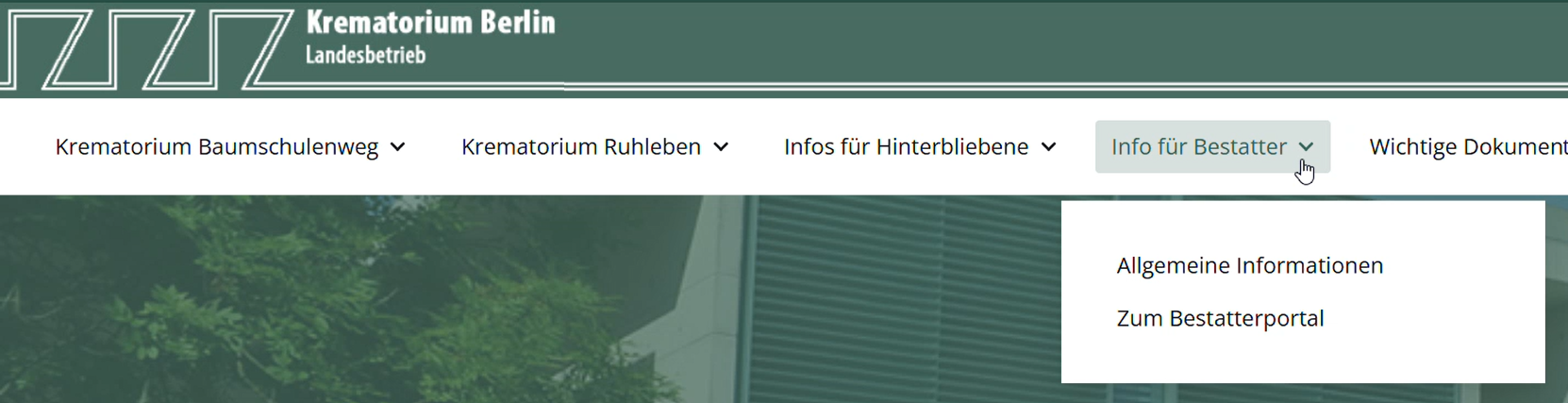 Ein Screenshot von der Subnavigation vom Unterpunkt Info für Bestatter
