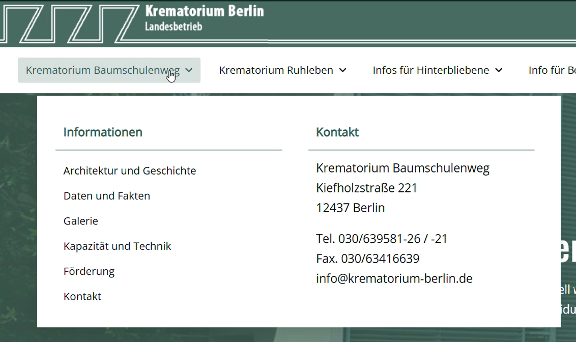 Ein Screenshot von der Subnavigation vom Krematorium Baumchulenweg